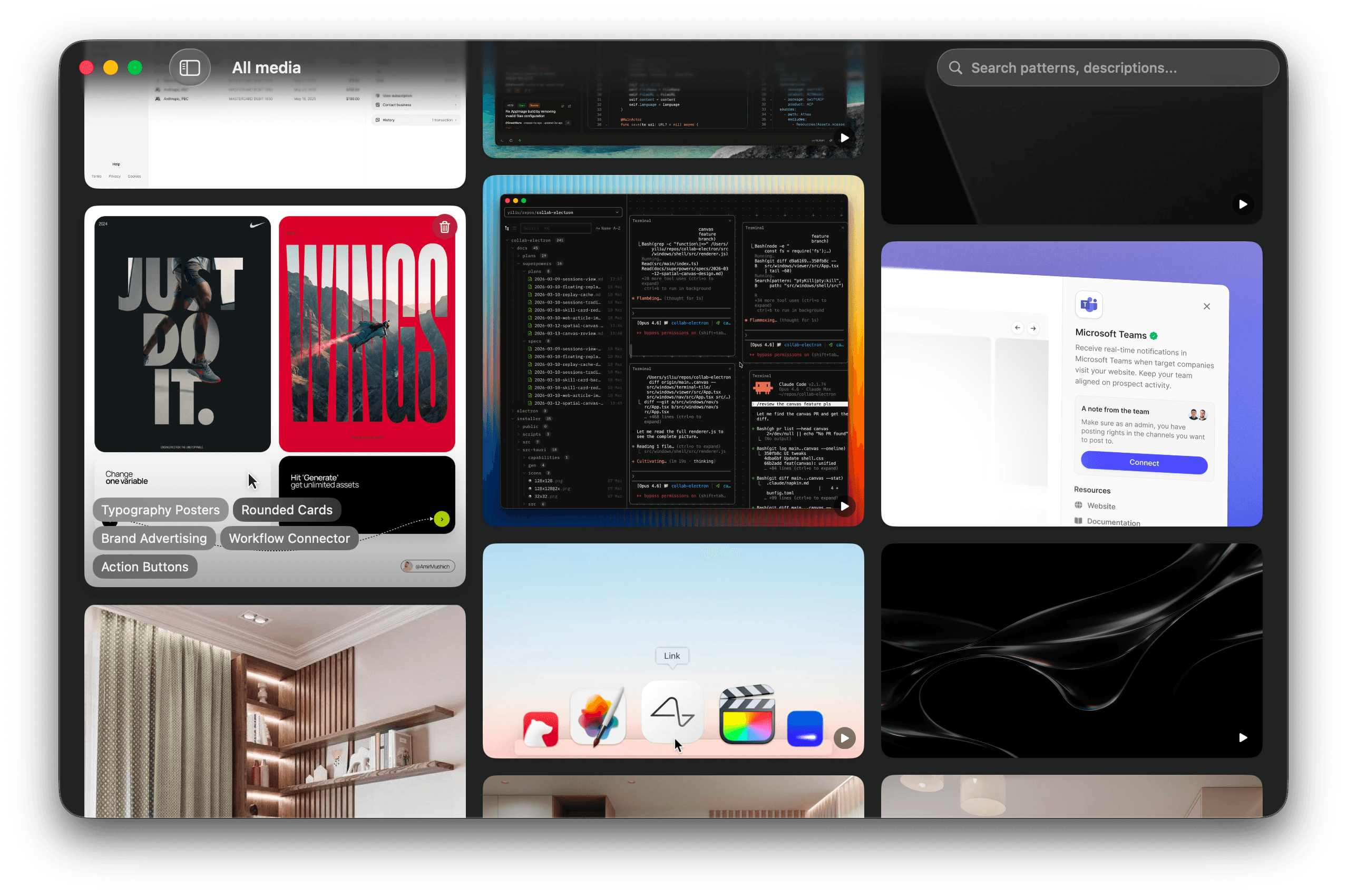 Snapwell on Mac — a grid of collected images with AI-generated tags and search
